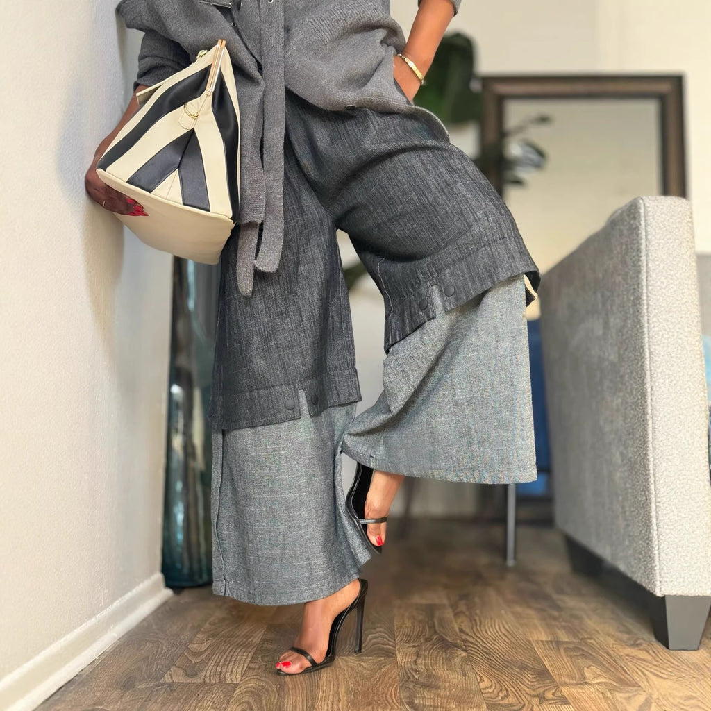 Street Style Elastic Waist Patchwork  Wide Leg Jeans