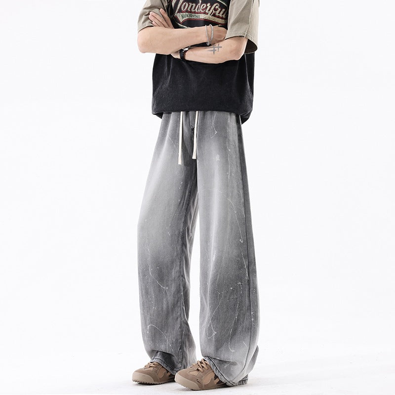Ice Silk Denim Pants Men Retro Loose Basic Versatile Drape Wide Leg Long Pants