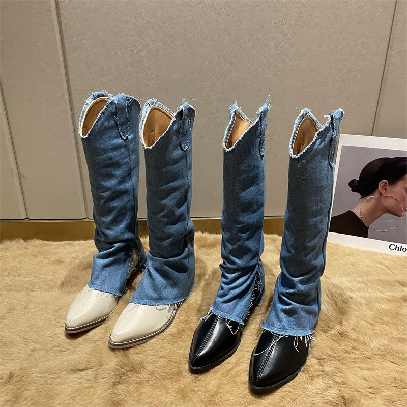 Pointed Toe Thick Heel Western Cowboy Boots Women's New High-Leg Trousers Boots But Knee Boots Knight Boot