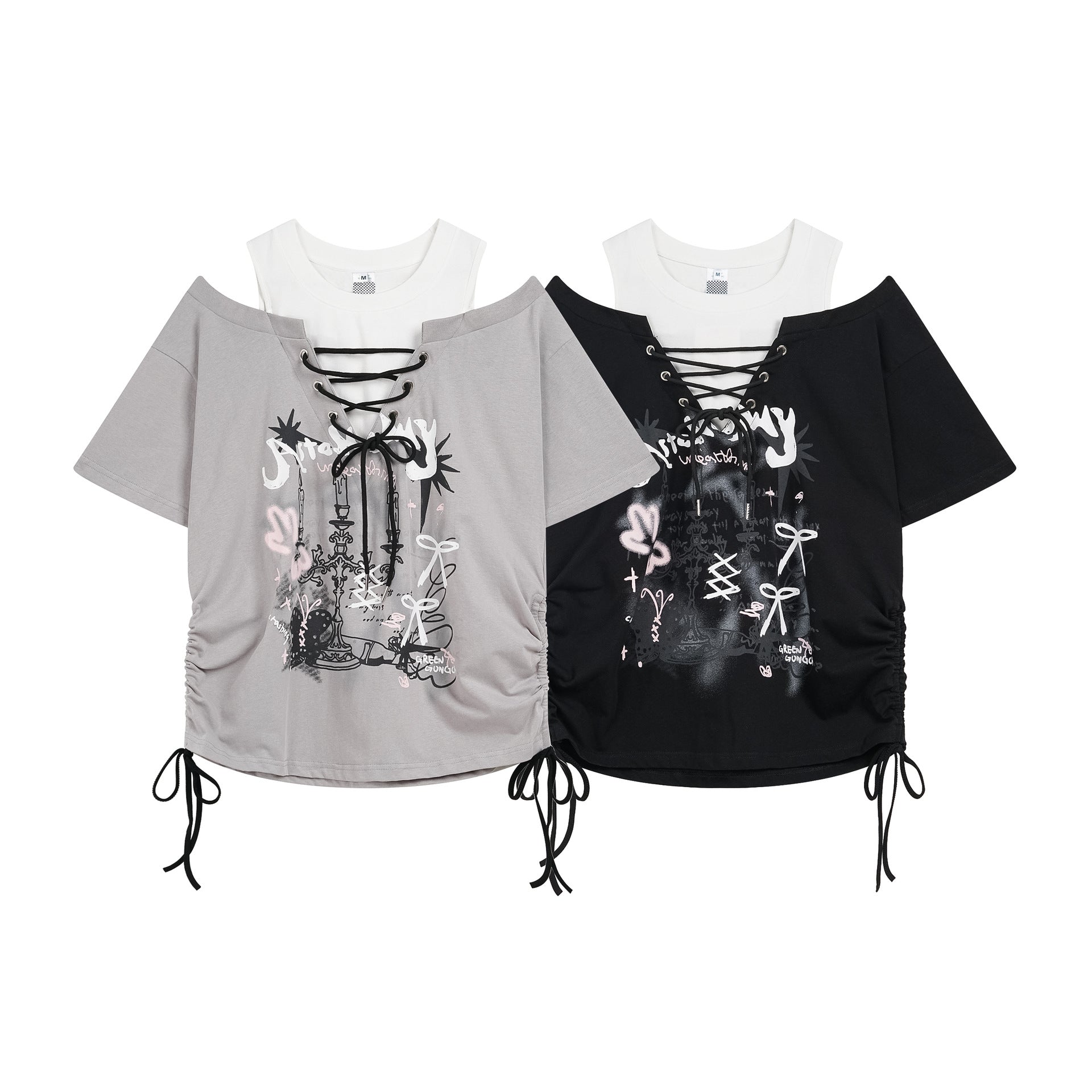 Candlestick Graffiti Printed Off-Shoulder T-Shirt for Women, Drawstring Tie-Up Pleated Slim-Fitting Top