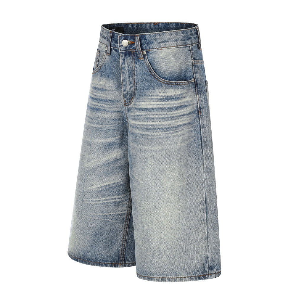Used washed denim five quarter shorts
