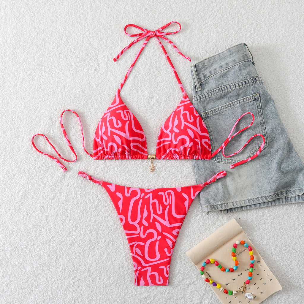 Triangle print suspender neck hanging bikini
