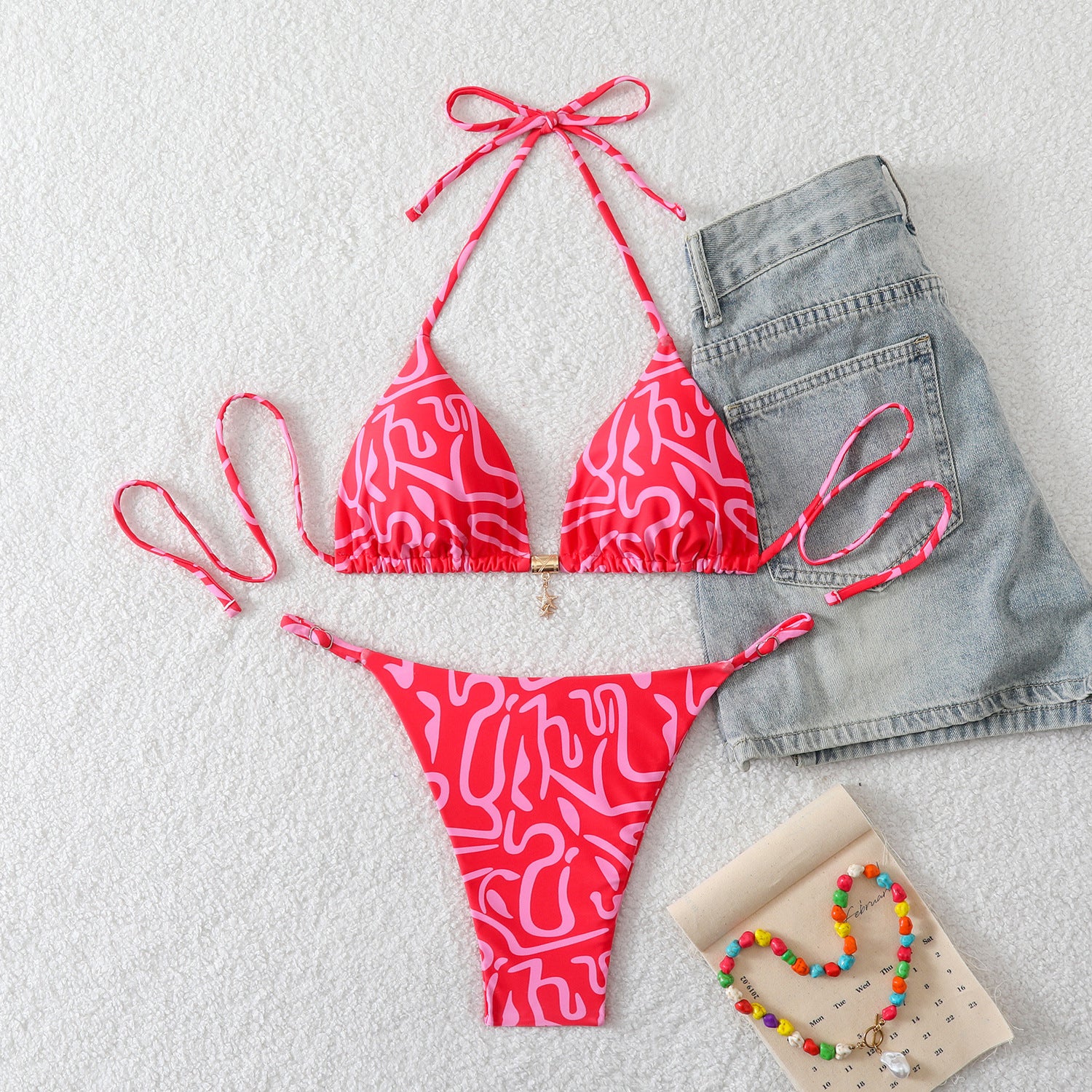 Triangle print suspender neck hanging bikini