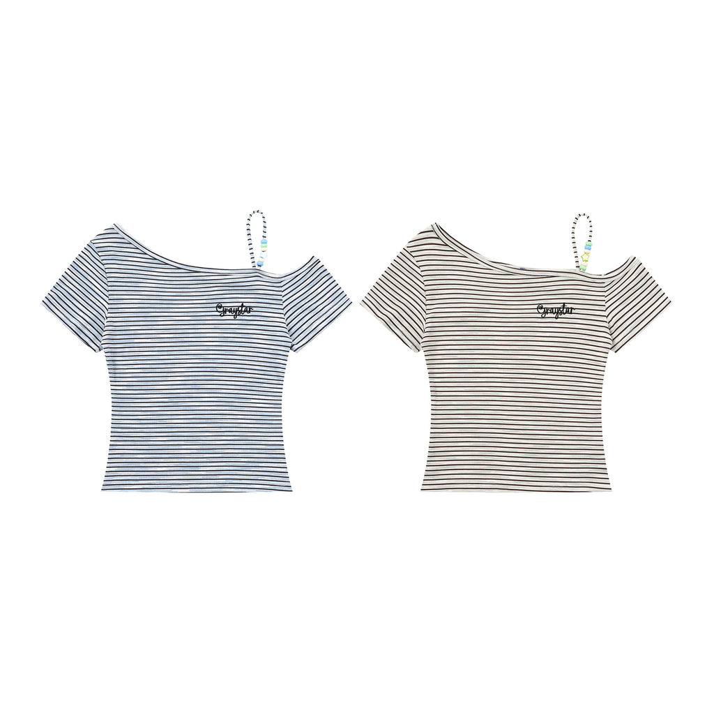Shoulder T-Shirt with Beaded Strap, Fitted Slimming Off-Shoulder