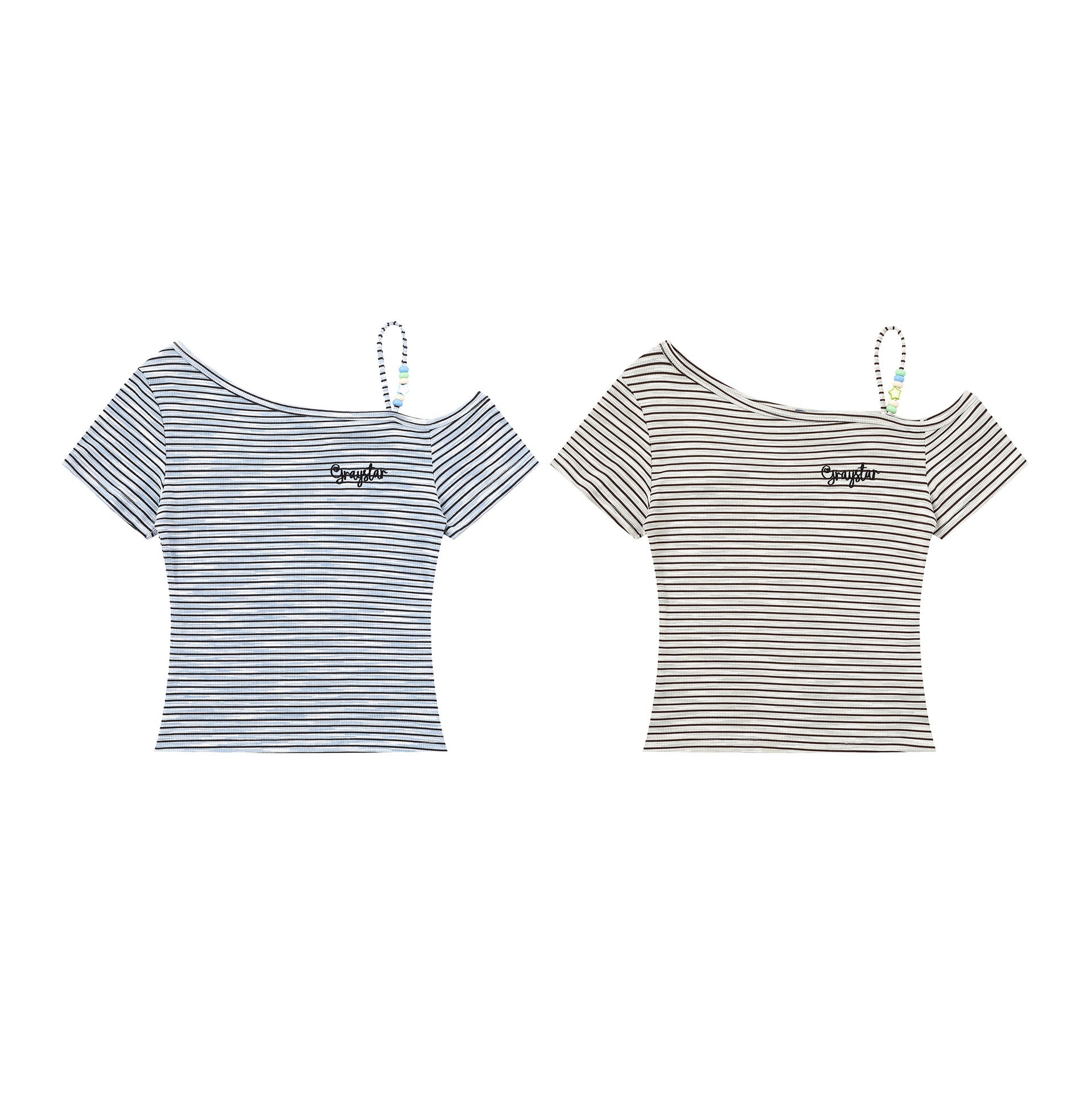 Shoulder T-Shirt with Beaded Strap, Fitted Slimming Off-Shoulder