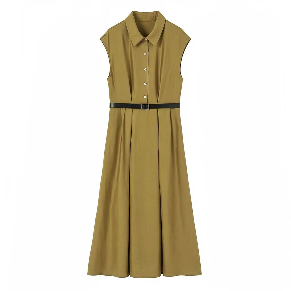 Elegant waist with waistband sleeveless dress