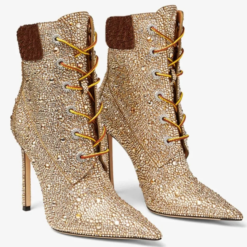 Water Diamond Mixed Color Cross Strap Short Boots Sexy Spicy Girl Crazy Racing Party Ankle Boots  Fashion Women's Shoes35-41