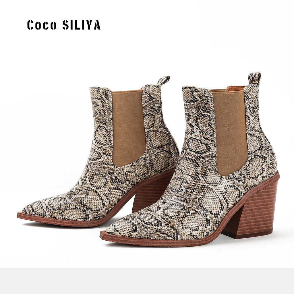 Women's Patterned Short Boots New Ankle Boots Autumn And Winter Thick Heels Pointed Toes Large Martin Boots