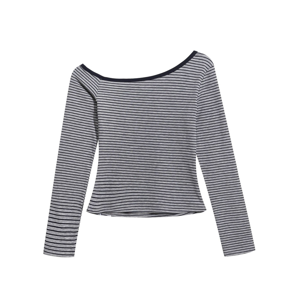 Shoulder Top with Color-Blocked Trim, Fitted Slimming Short Crop Sleeveless Long Sleeve T-Shirt