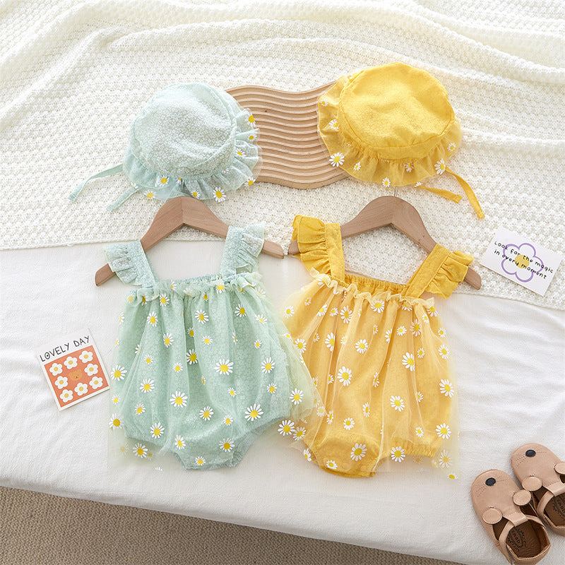 Cute Baby Romper Sleeveless Vest Halter Triangular Crawler Girl Baby Chrysanthemum Princess Dress Bodysuit