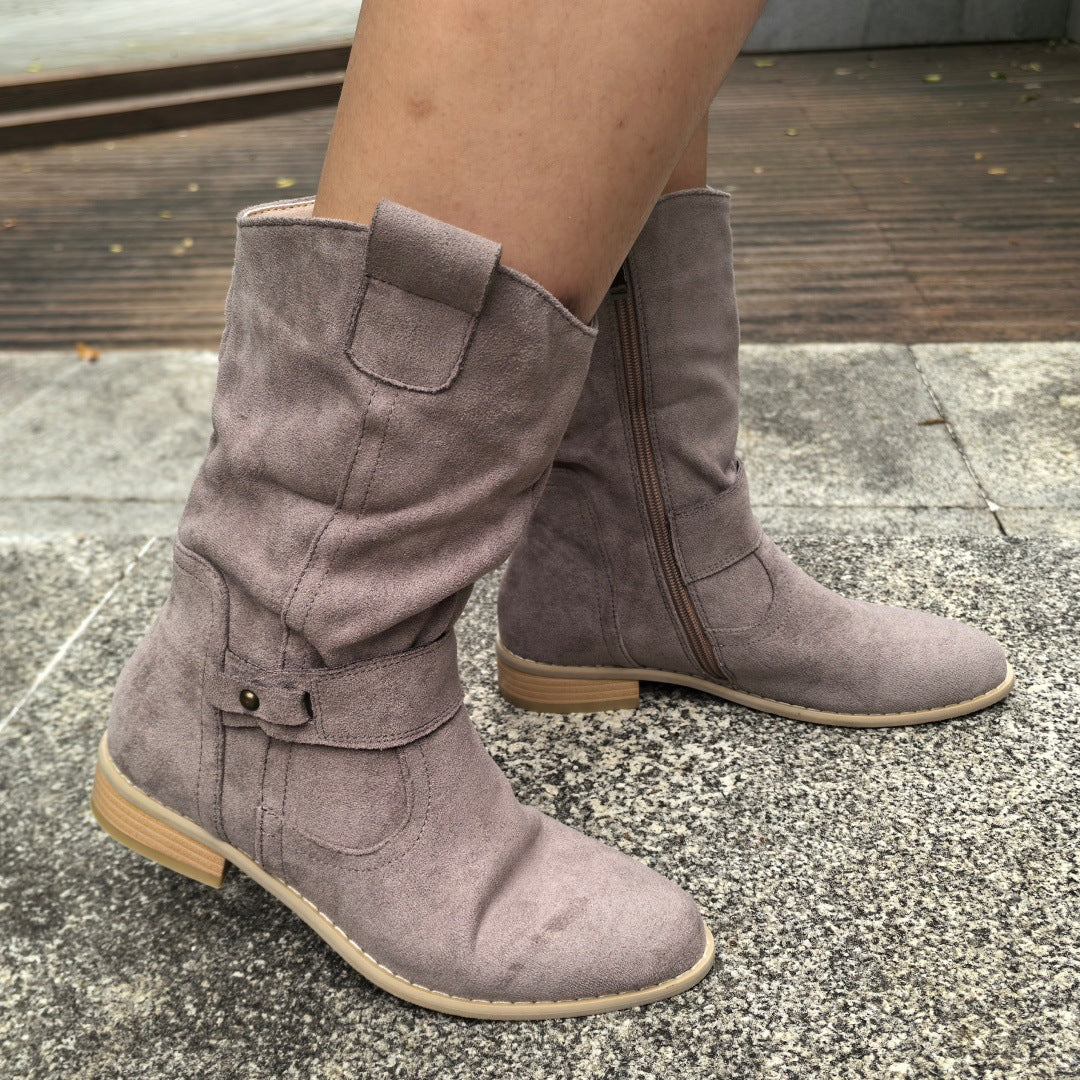 Low heeled square heeled suede pleated low cut boots