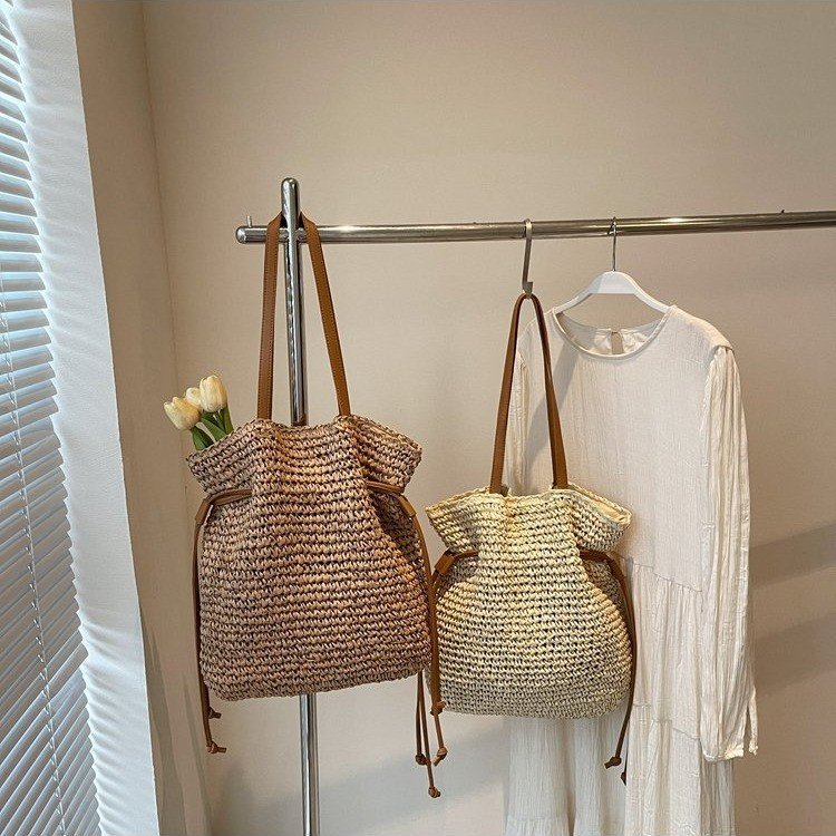 Drawstring hook woven bag single shoulder crossbody woven women's bag large capacity grass woven bag