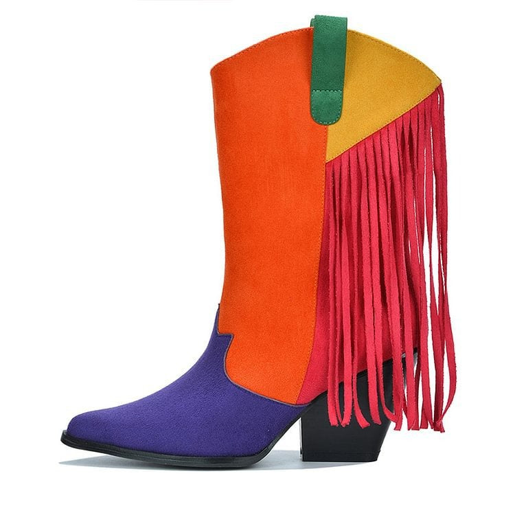 Female Faux Suede Fringed Cowboy Boots Autumn Winter Women Pointy Toe Chunky Heel Ankle Boots Slip on Retro Boots