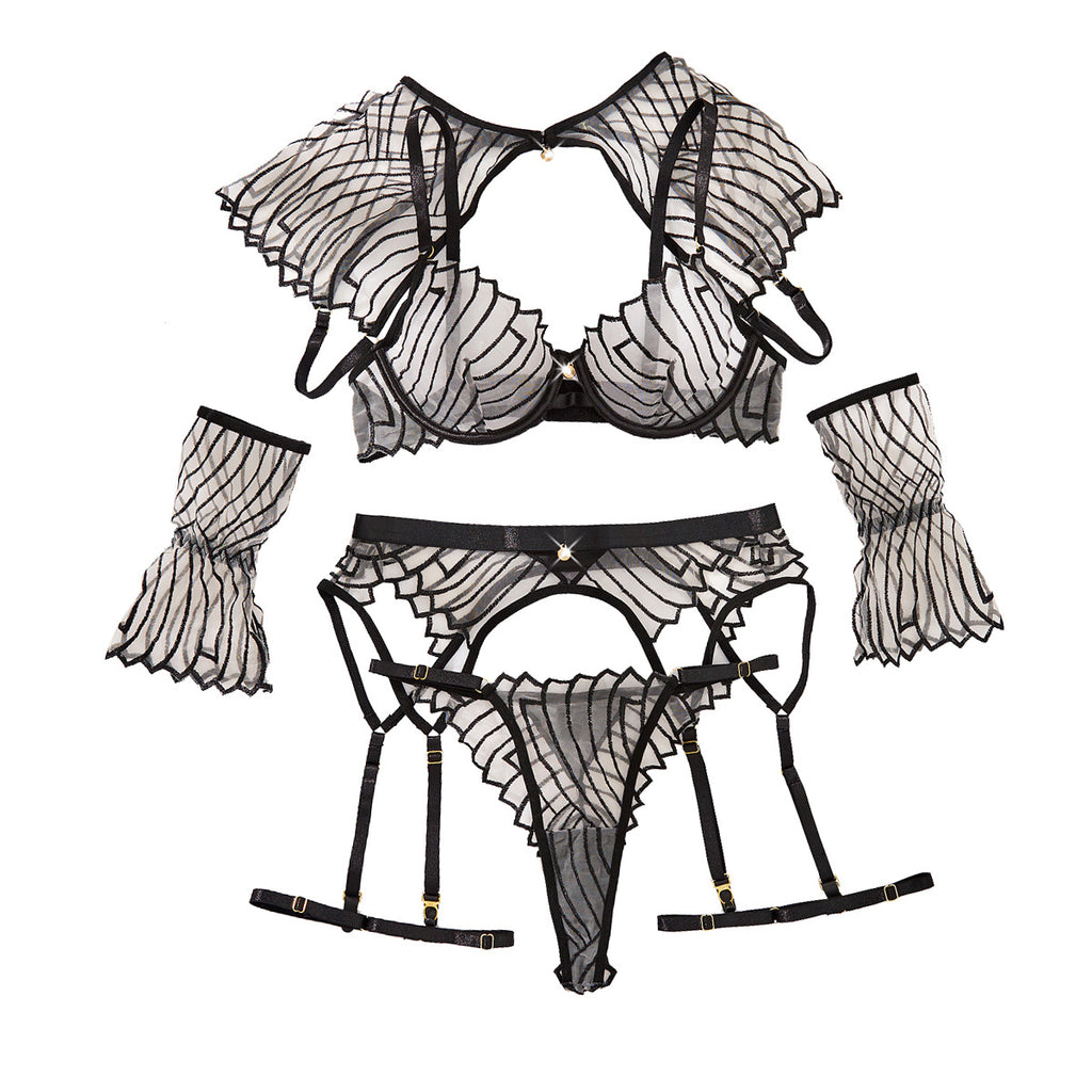 Embroidered shawl garter belt sexy lingerie six piece set