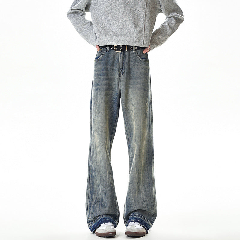 Streetwear Lightning Pattern Washed Denim Pants Men