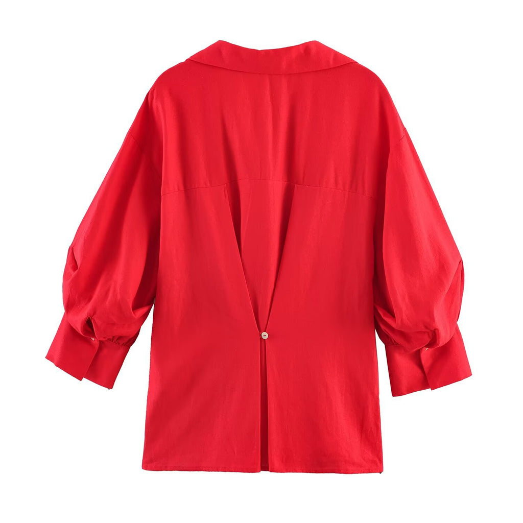 Simple bubble sleeve linen striped shirt