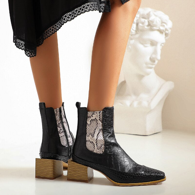 New retro women's boots snake print short boots sole tube western cowboy Martin boots thick heel personality large size