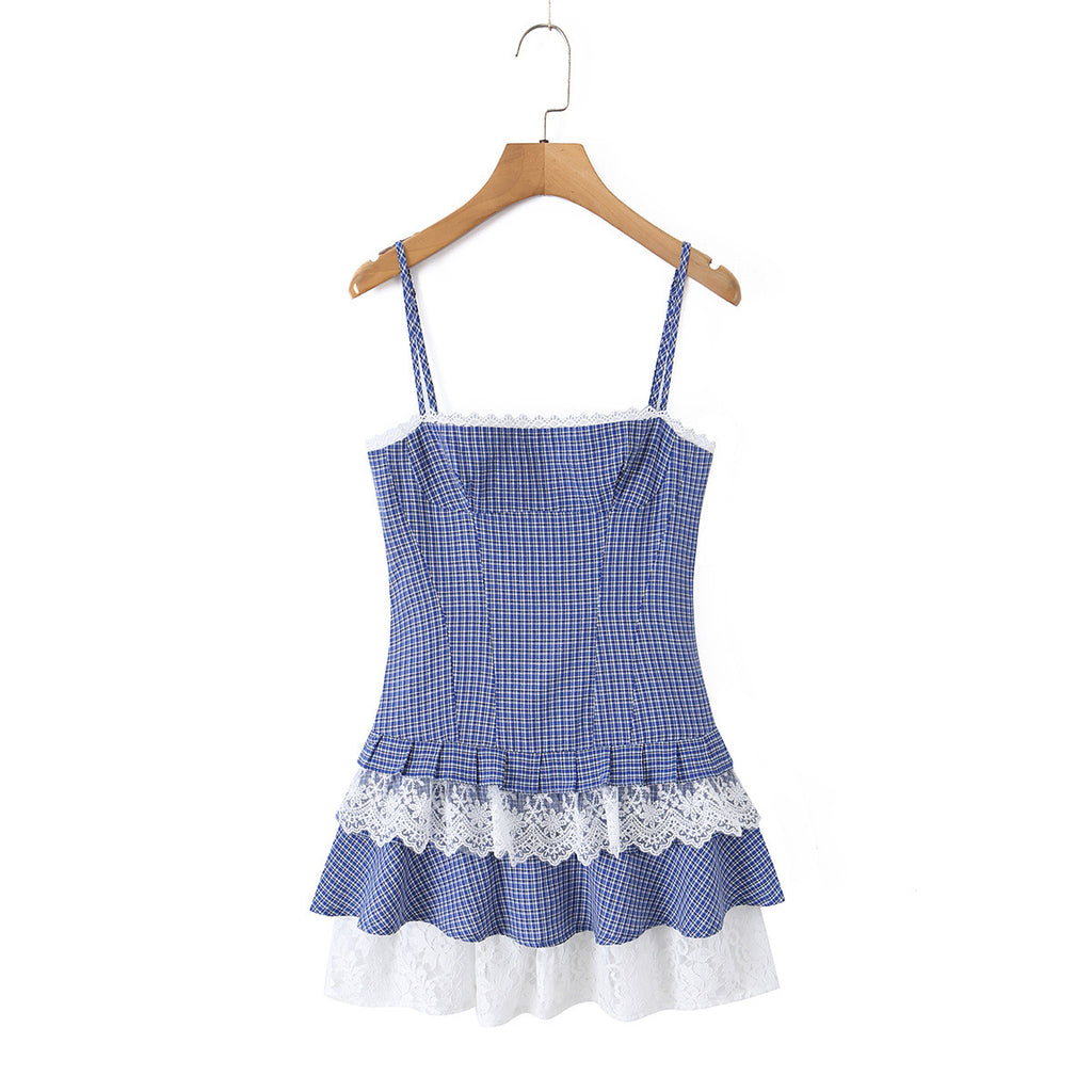 Plaid lace patchwork hem camisole dress
