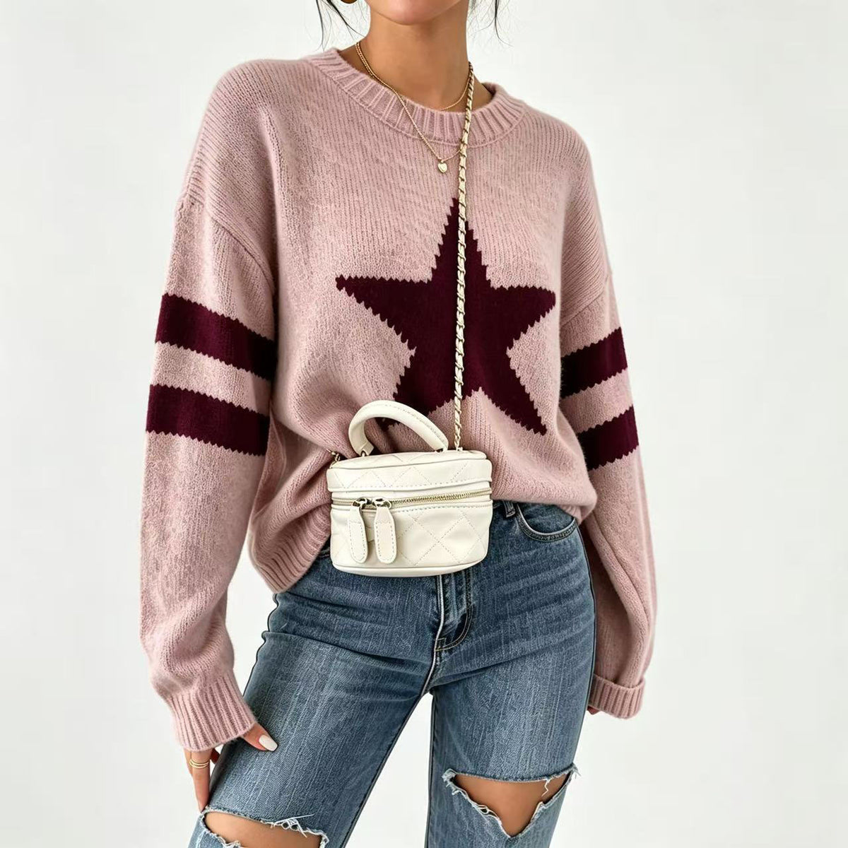 Style star jacquard knit sweater for women, autumn/winter, loose fit, round neck, striped pullover undershirt