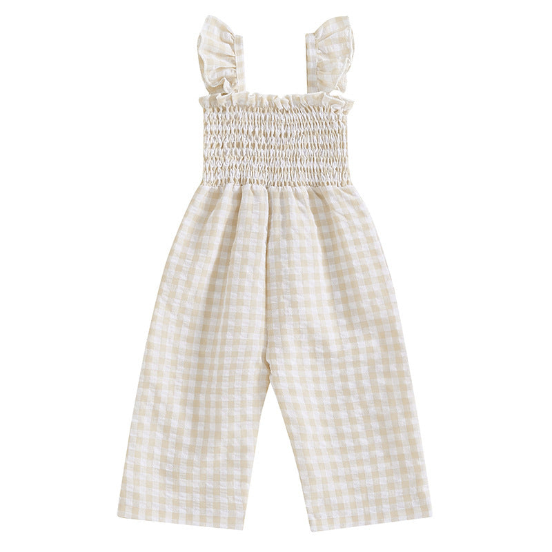 Cute Girl's Summer Plaid Flutter Sleeve Jumpsuit, Lightweight Wide Leg Bodysuit