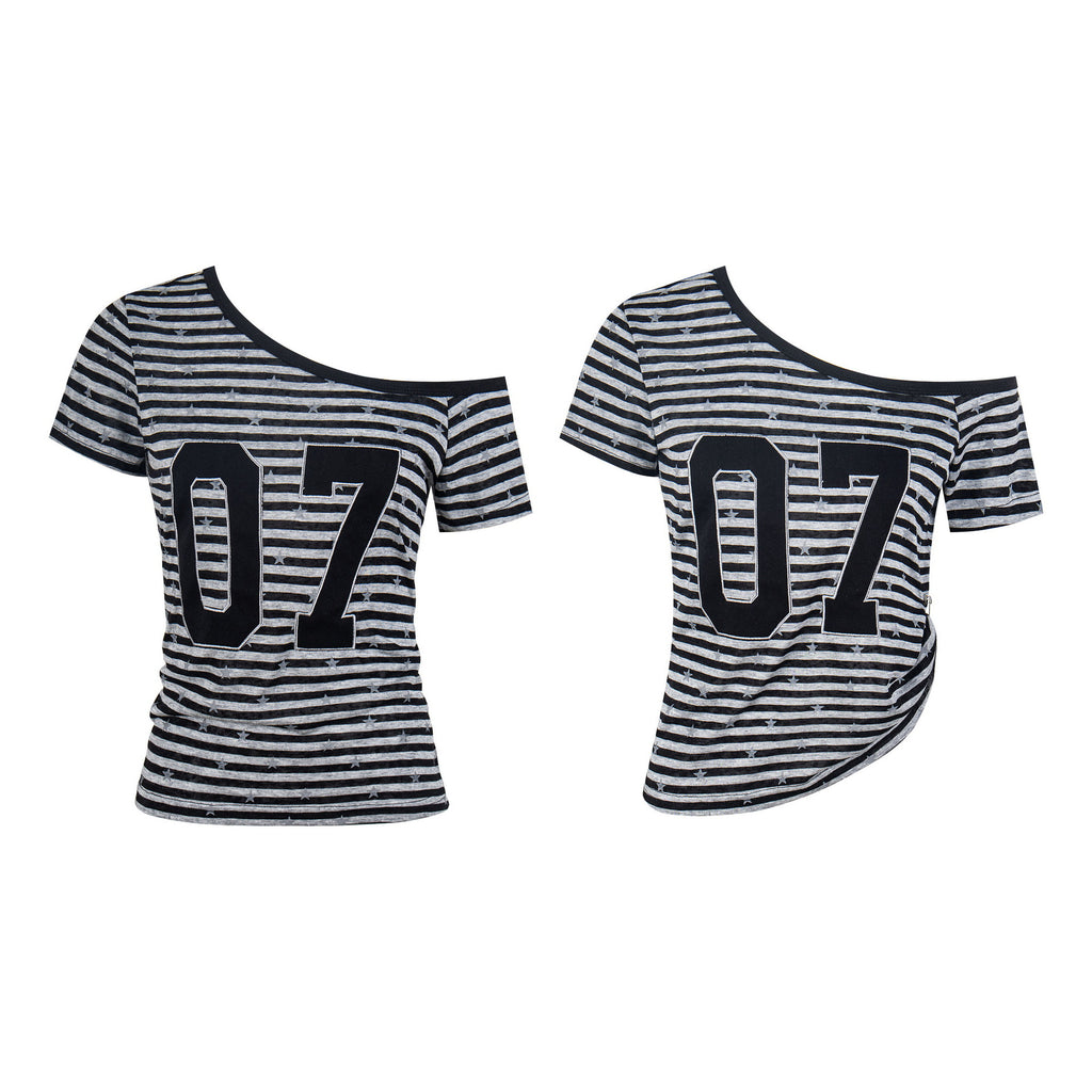 Striped Star Number Asymmetrical Shoulder T-Shirt Single Shoulder Off-Shoulder Slim Fit Crop Top