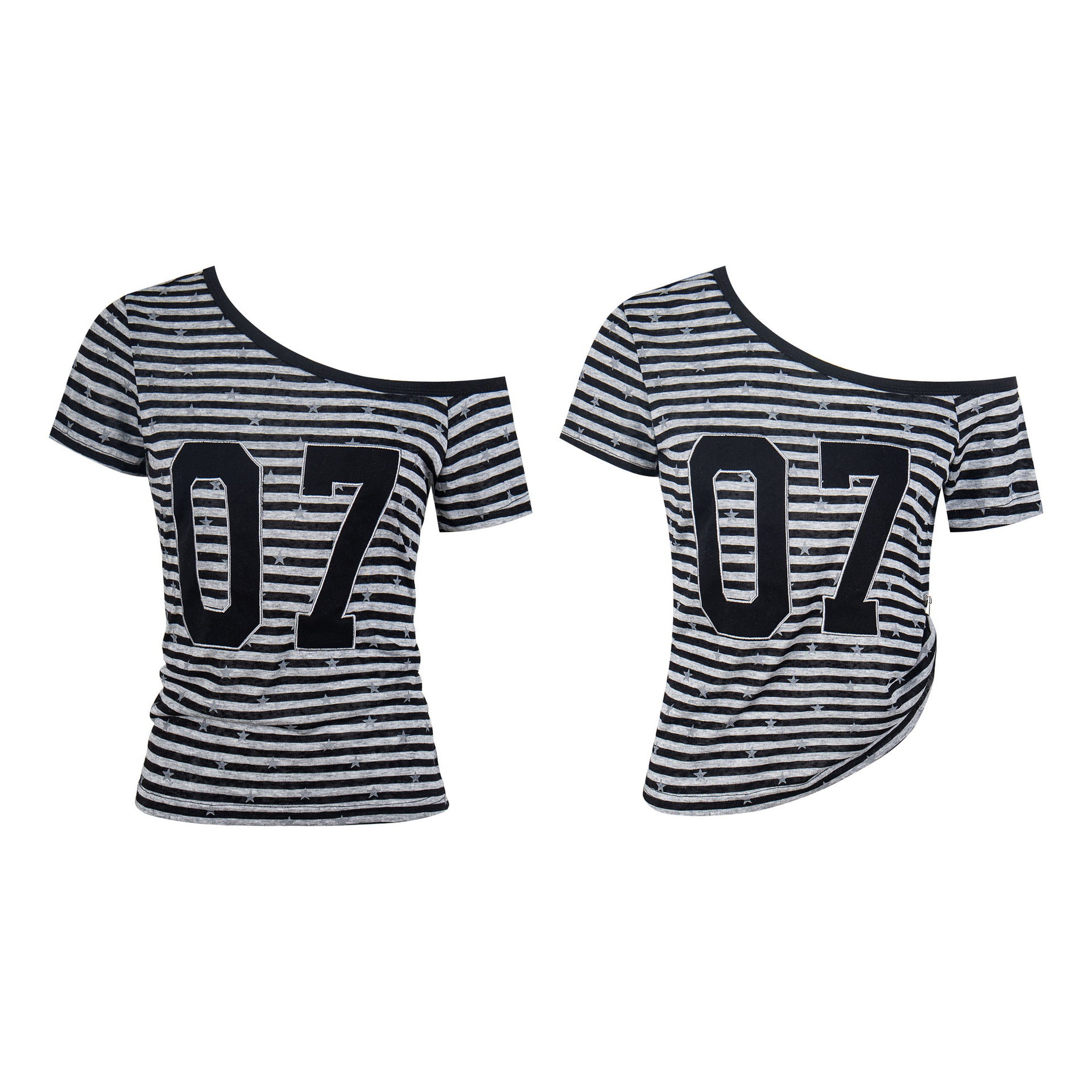 Striped Star Number Asymmetrical Shoulder T-Shirt Single Shoulder Off-Shoulder Slim Fit Crop Top
