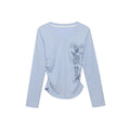 Side Pleated V-Neck Long Sleeve Top Letter Print Waist-Cinching Slim-Fitting Basic T-Shirt