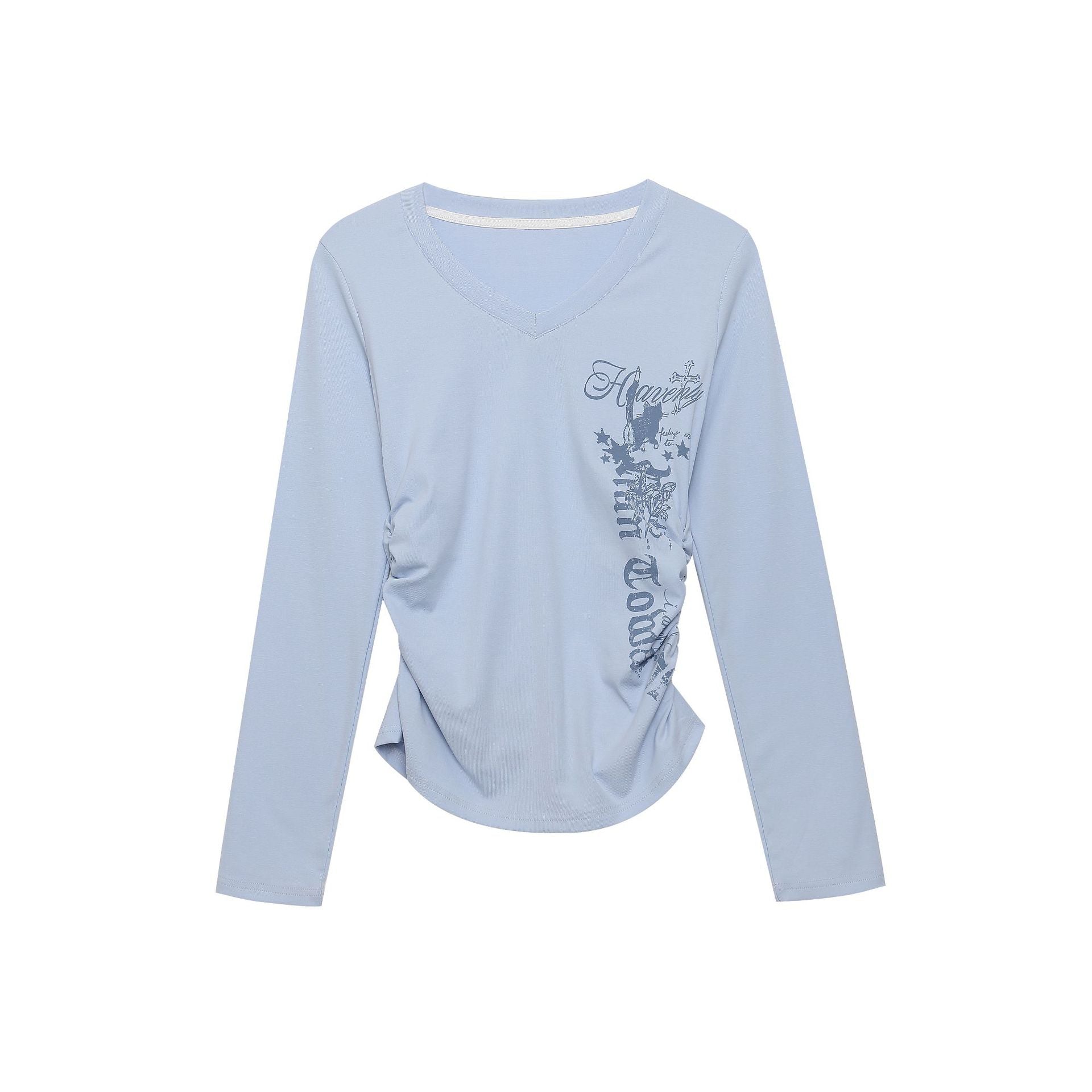Side Pleated V-Neck Long Sleeve Top Letter Print Waist-Cinching Slim-Fitting Basic T-Shirt