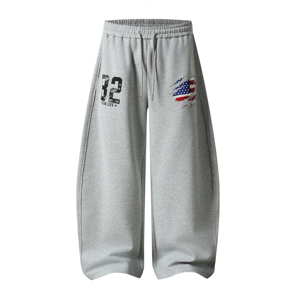 Distressed Number Flag Patchwork Sweatpants Loose Wide-Leg Style Streetwear Casual Long Pants