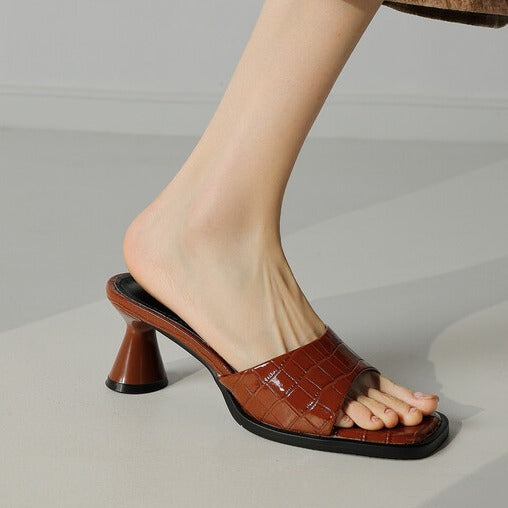 One word thick heel square toe bamboo joint pattern cowhide slippers