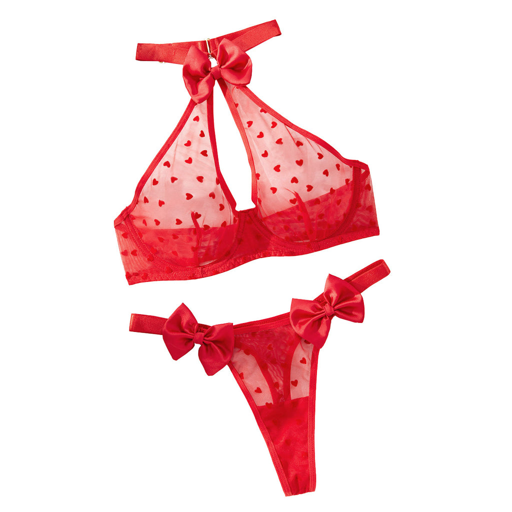 Love perspective mesh sexy lingerie girl bow sexy two-piece set