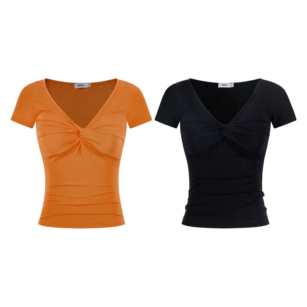Women's Twisted Knit Detail Fitted V-Neck Casual Short Sleeve Solid Color Minimalist T-Shirt