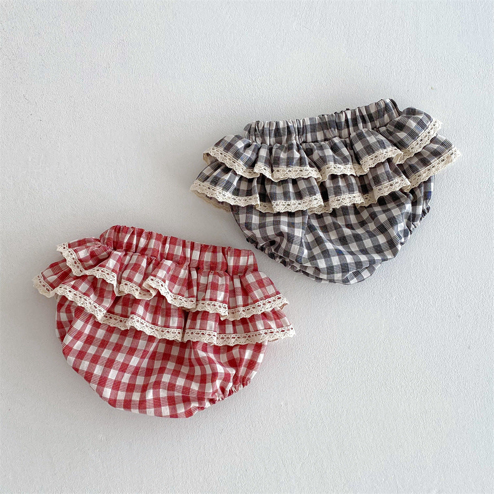 Girls' plaid lace pants