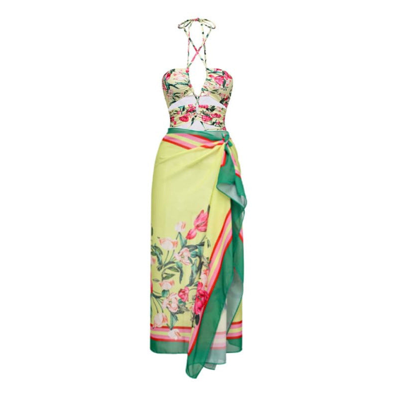 Floral Tie-Up Hollow Out One-Piece Swimsuit Set Dress for Women