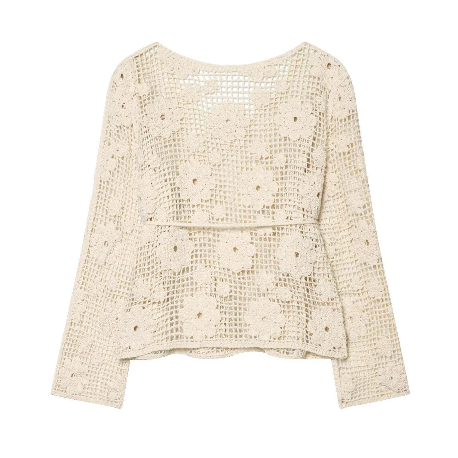 Elegant belt with diamond studded hollow out long sleeved knitted sweater
