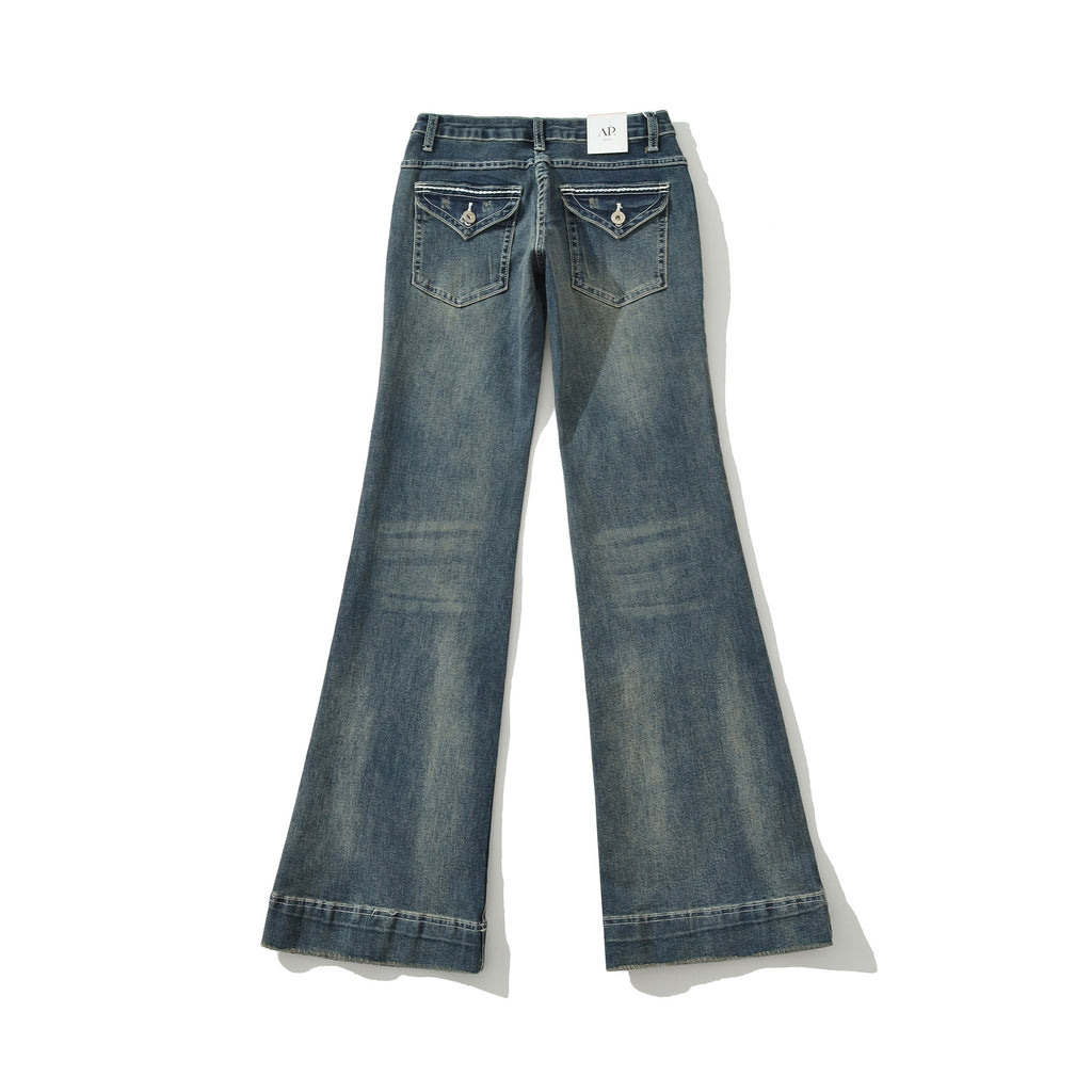 Low-Waist Washed Blue Flared Jeans for Women, Comfortable and Versatile Denim Pants