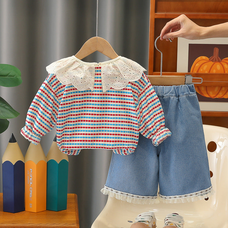 Long sleeved baby casual striped cardigan three piece set