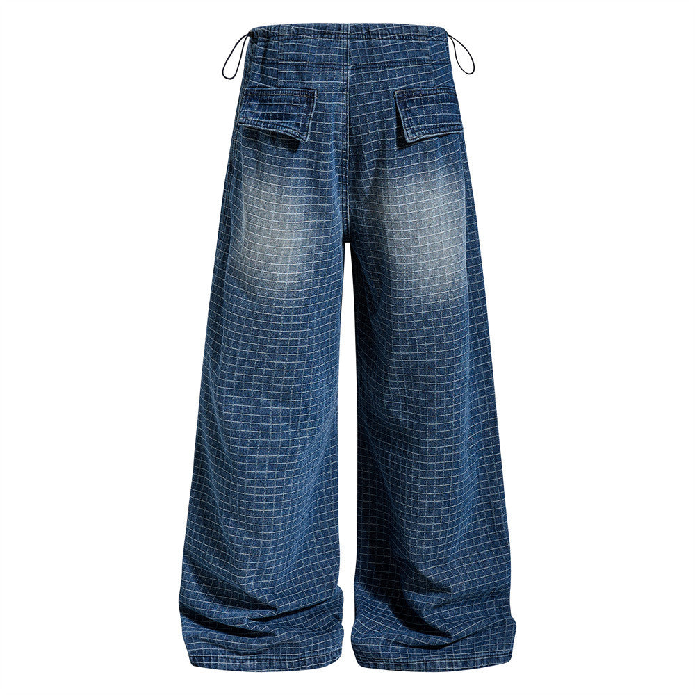 Grind white checkered pleated paratrooper wide leg jeans