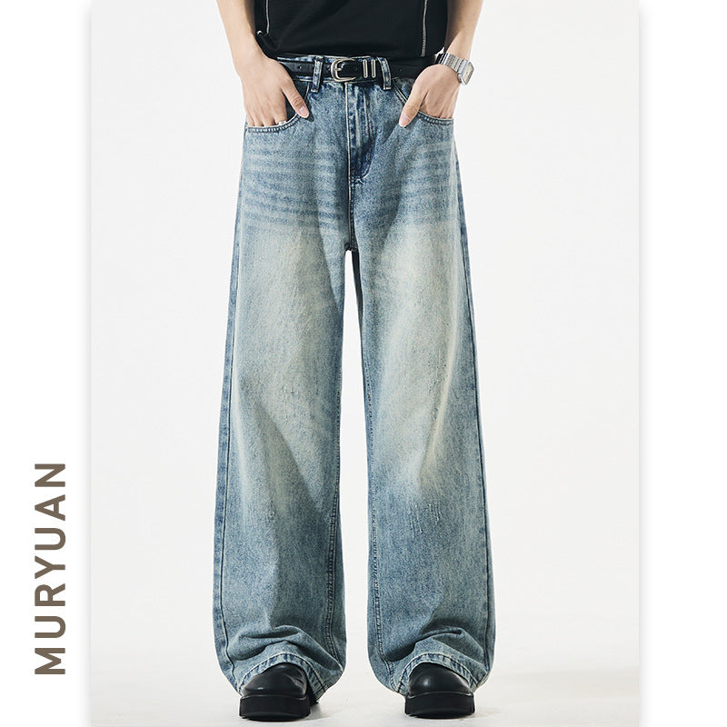 Men's A-line Vintage Denim Pants Washed Loose High Street Floor-Length Trousers
