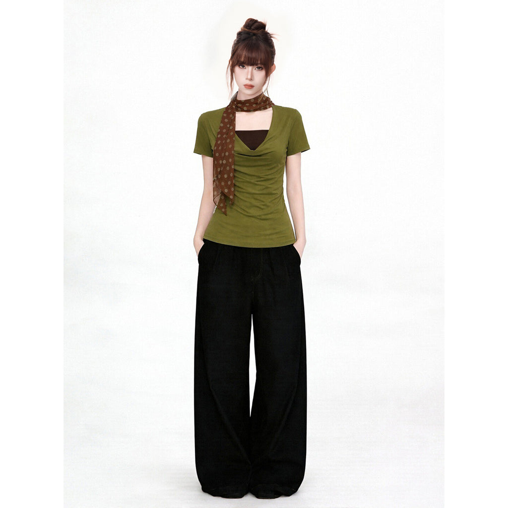 False Two-Piece Drape Neck Short Sleeve T-Shirt , Stylish Fitted Waist-Cinching Collar-Baring Top