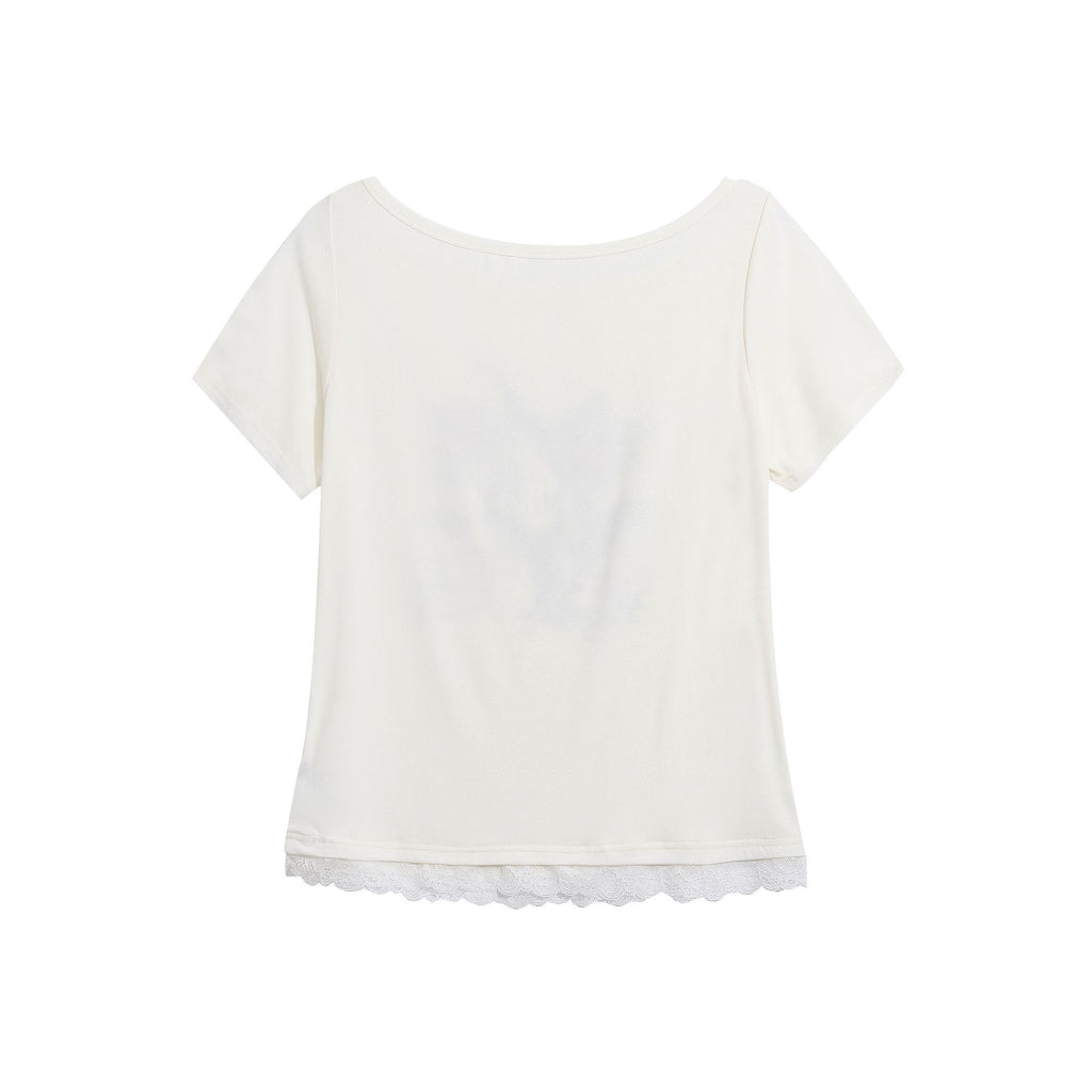 Cool Style Lace Patchwork Printed T-Shirt with Guitar Cat Pattern, Fitted Cropped Top