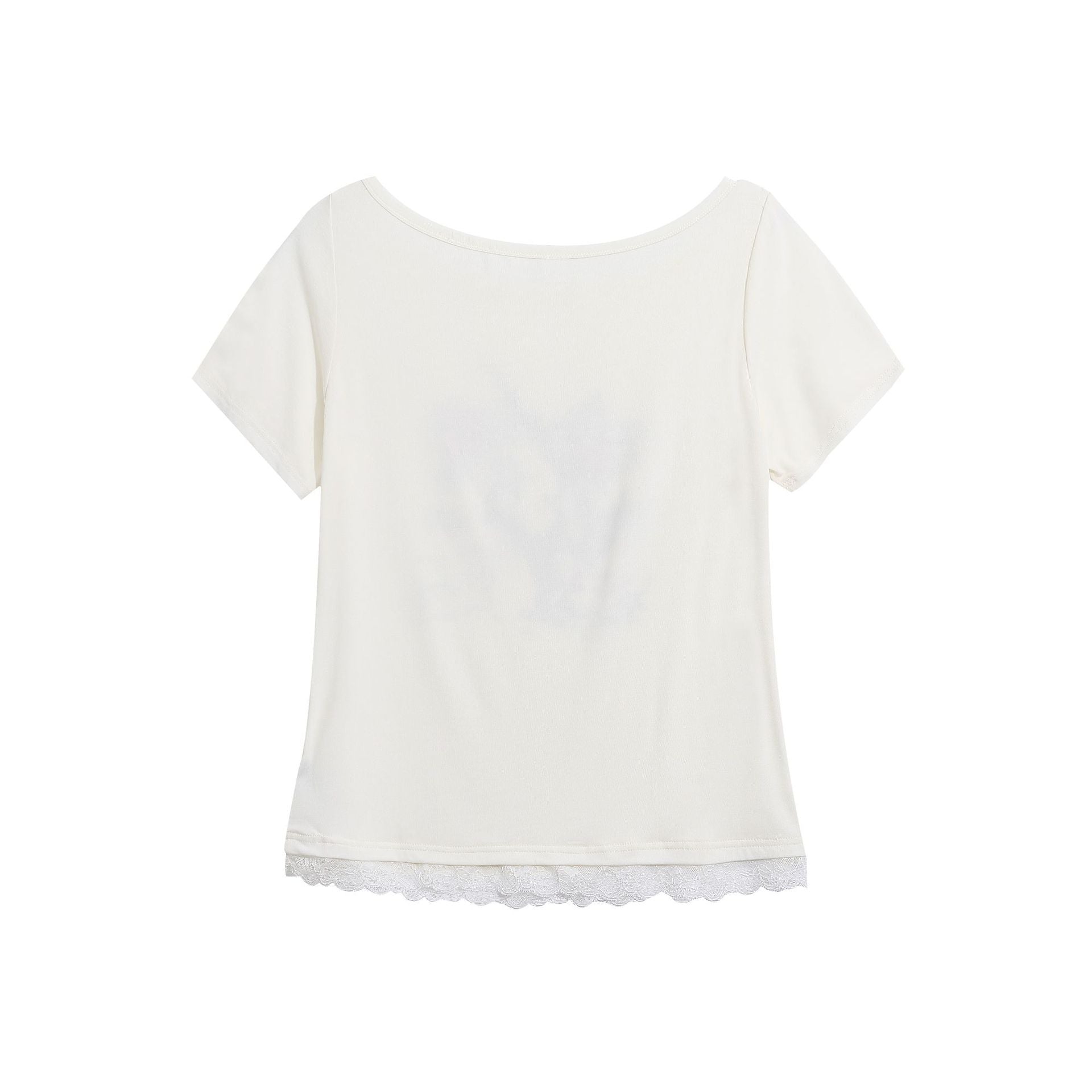 Cool Style Lace Patchwork Printed T-Shirt with Guitar Cat Pattern, Fitted Cropped Top