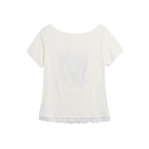 Cool Style Lace Patchwork Printed T-Shirt with Guitar Cat Pattern, Fitted Cropped Top
