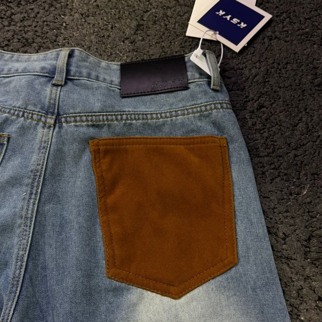 Denim Pants Men's Suede Patchwork Design Loose Straight Leg Casual Trousers