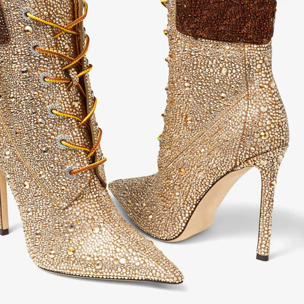 Water Diamond Mixed Color Cross Strap Short Boots Sexy Spicy Girl Crazy Racing Party Ankle Boots  Fashion Women's Shoes35-41