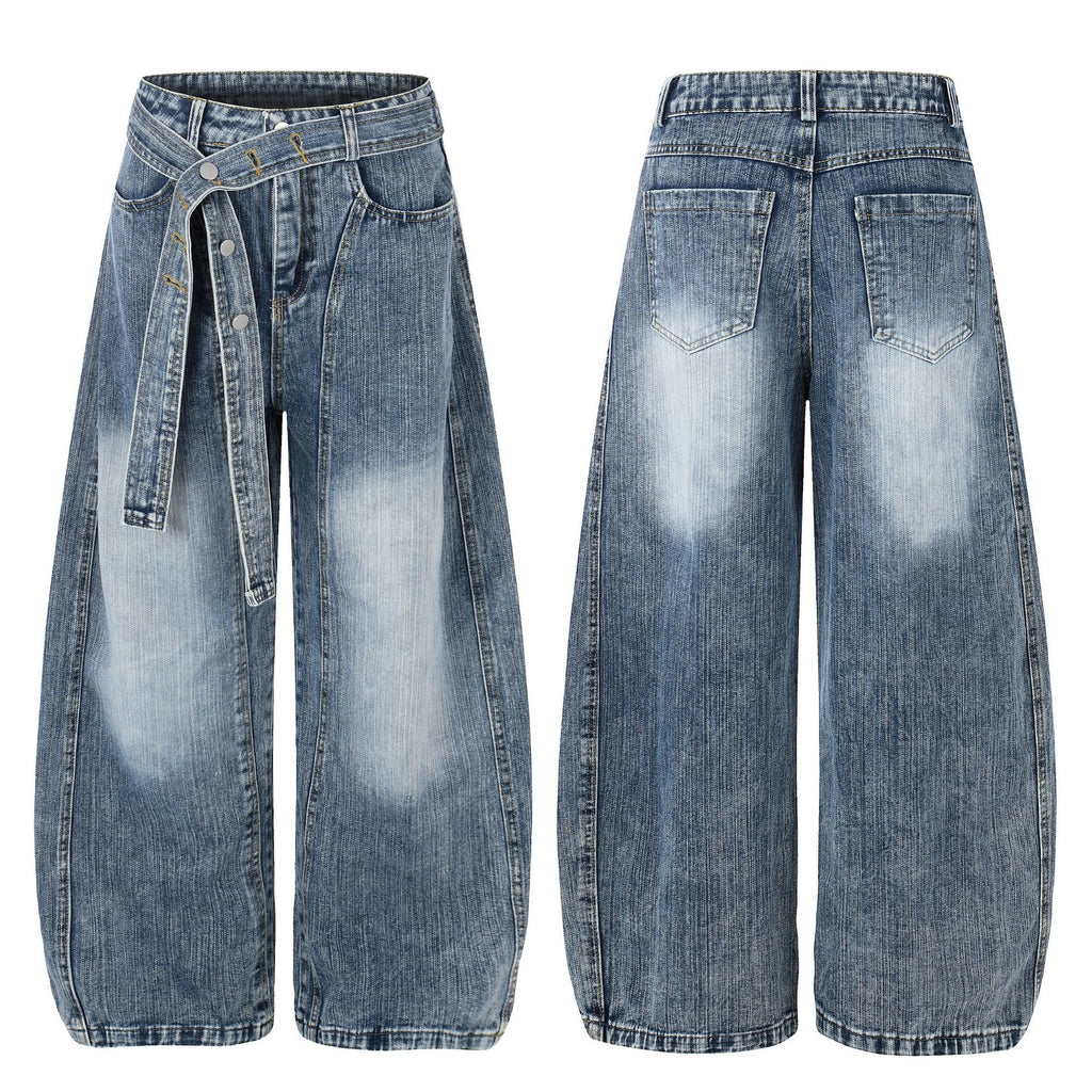 Washed White Cross Waist Belt Design Jeans Unisex Loose Wide Leg Knife-Edge Floor-Length Pants