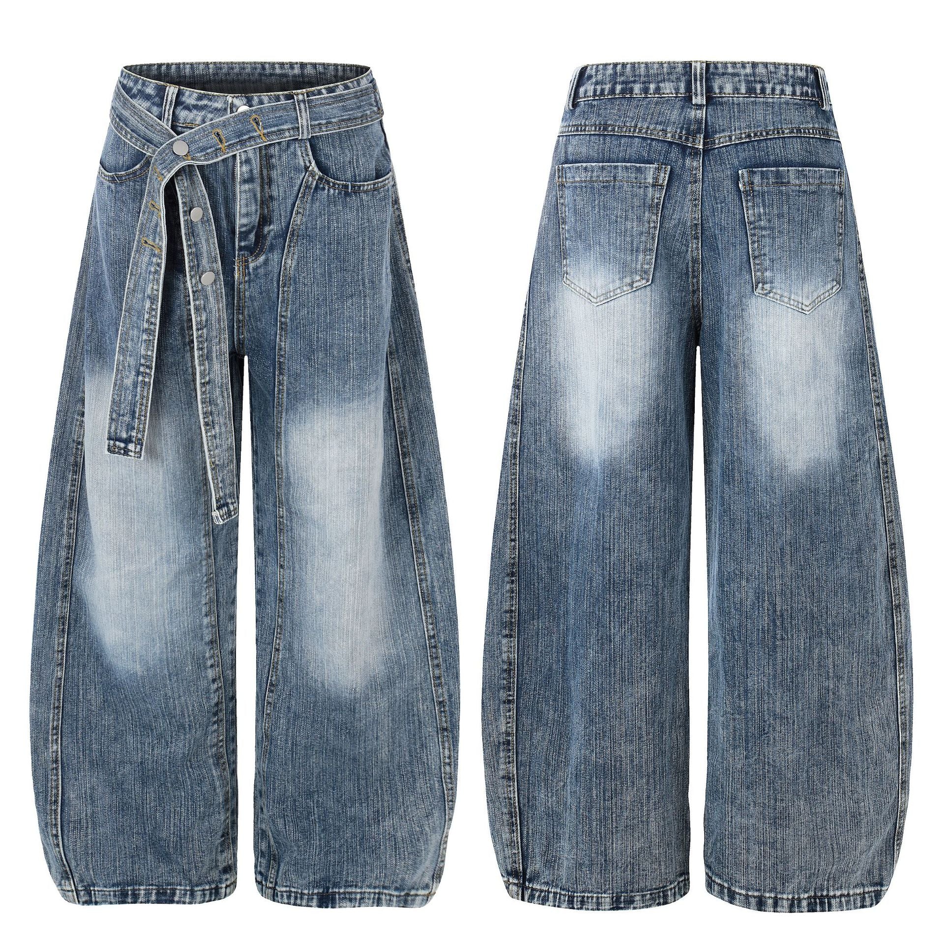 Washed White Cross Waist Belt Design Jeans Unisex Loose Wide Leg Knife-Edge Floor-Length Pants
