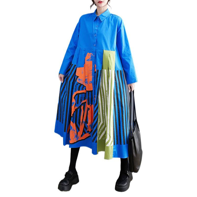 Casual Loose Plus Size Printed Patchwork Sweet Long Sleeve Dress