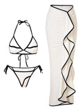 Tie-Up Long Dress Three-Piece Swimsuit, Resort Style Swimwear