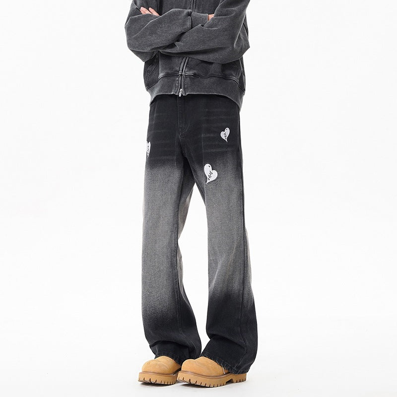 Washed Ombre Embroidered Denim Pants Men